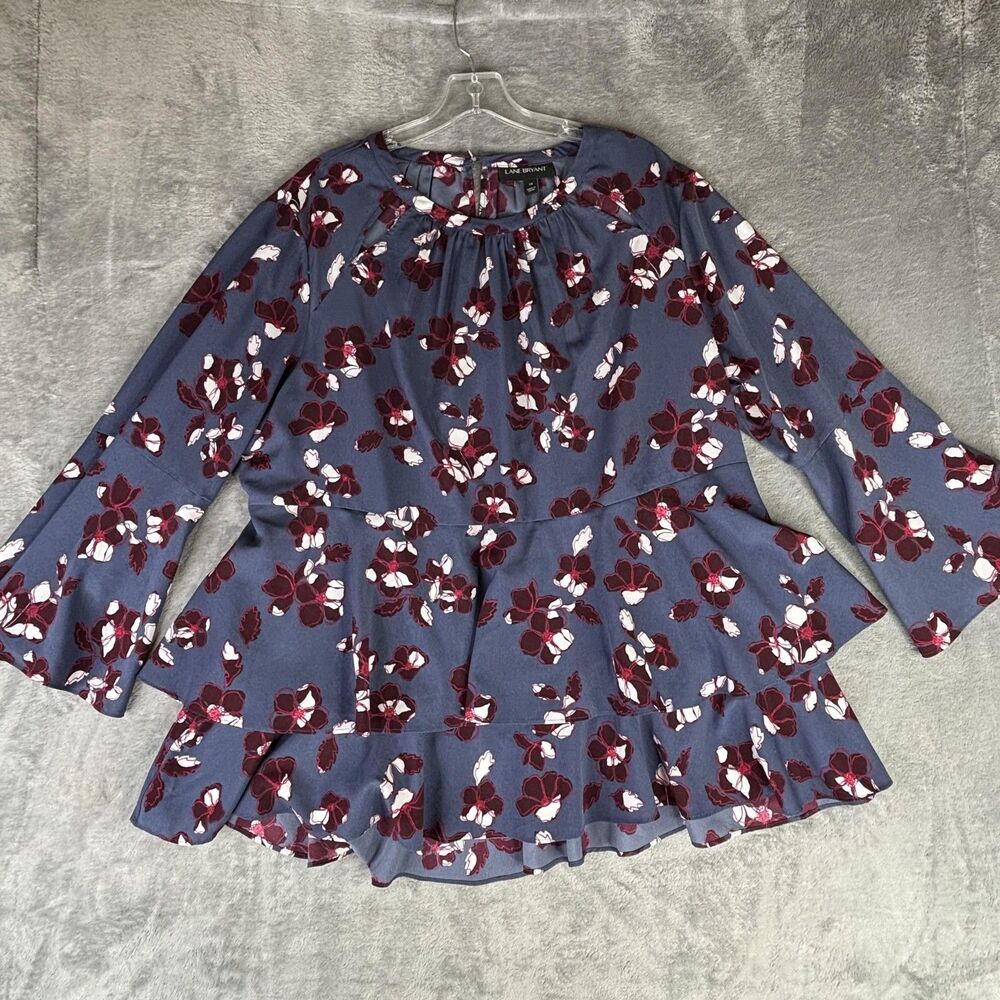 Lane Bryant Shirt Womens 18 Blue Floral Peplum‎ Bell Sleeve Blouse Top Casual